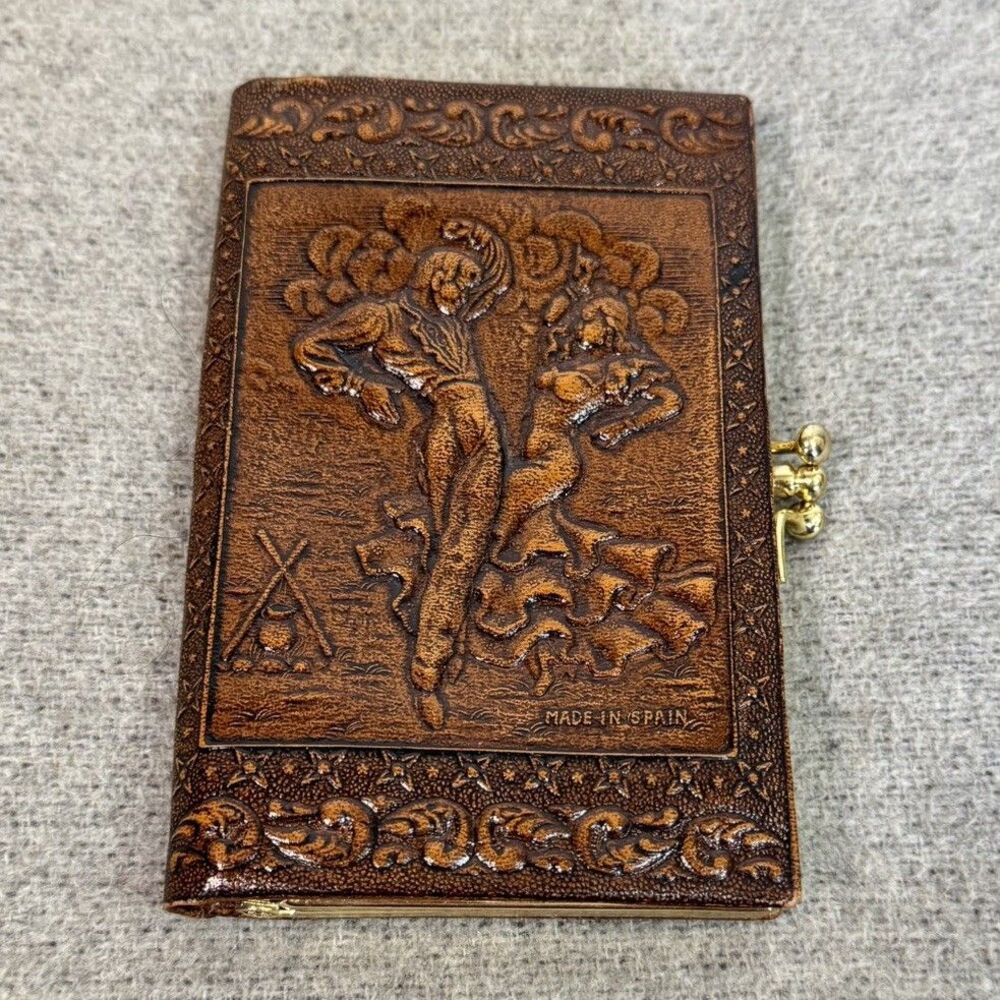 Vtg Tooled Leather Kiss Lock Coin Purse Wallet Flamenco Matador Made in Spain